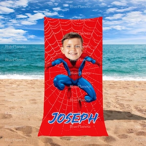 Personalized Red Spider Man Beach Towel, Custom Photo Name Superhero Beach Towel, Birthday Gift, Boy Girl Towel, Christmas Gift