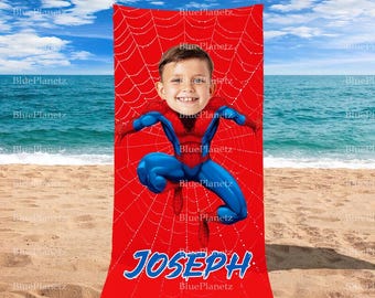 Toalla de playa personalizada de Spider Man rojo, toalla de playa de superhéroe con nombre y foto personalizada, regalo de cumpleaños, toalla para niño y niña, regalo de Navidad