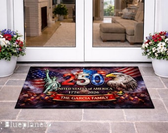 Wycieraczka Custom America 250, USA 1776-2026, Patriotyczna dekoracja z flagą orła, Niestandardowa wycieraczka powitalna z nazwiskiem rodziny, Dekoracja na 4 lipca