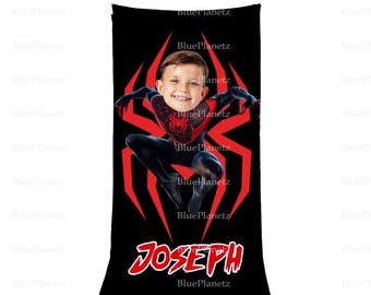 Toalla de playa personalizada con el Hombre Araña en rojo y negro, toalla de playa personalizada con foto y nombre de superhéroe, regalo de cumpleaños, toalla para niño y niña, regalo de Navidad