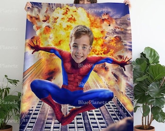 Personalized Fire Spider Man Blanket, Custom Photo Name Superhero Blanket, Birthday Gift, Boy Blanket, Girl Blanket, Christmas Gift for Kids