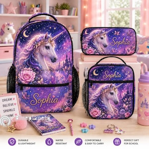 May include: A purple backpack, lunch bag, and pencil case set featuring a unicorn, castle, and floral design with the name Sophia printed on each item. The set includes a spiral notebook, a pen, a keychain, and a pink water bottle.