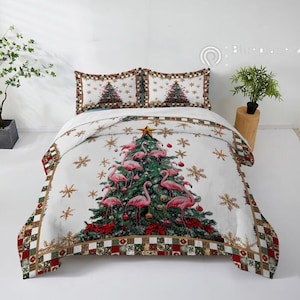 Personalized Christmas Bedding Set, Custom Flamingo Christmas Tree Bedding Set, Zippered Duvet Cover & 2 Pillowcases, Christmas Gift