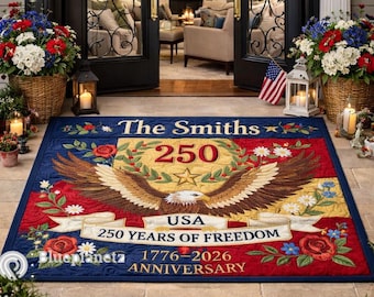 Felpudo personalizado America 250 de imitación de edredón, felpudo de bienvenida con nombre familiar personalizado, felpudo USA 250 años de libertad, águila patriótica 1776–2026