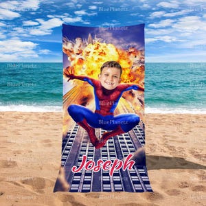 Personalized Fire Spider Man Beach Towel, Custom Photo Name Superhero Beach Towel, Birthday Gift, Boy Girl Towel, Christmas Gift