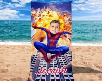 Toalla de playa personalizada con el Hombre Araña de Fuego, toalla de playa personalizada con foto y nombre de superhéroe, regalo de cumpleaños, toalla para niño y niña, regalo de Navidad