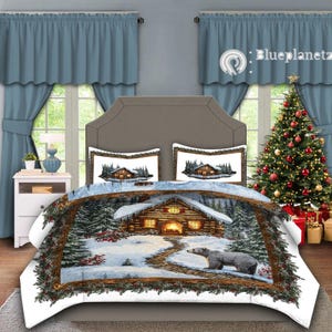 Personalized Christmas Bedding Set, Custom Peaceful Snow Cabin Bear Bedding Set, Zippered Duvet Cover & 2 Pillowcases, Christmas Gift