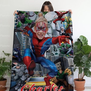 Personalisierte Spider Man Decke, benutzerdefinierte Foto Name Superheld Stadt Decke, Geburtstagsgeschenk, Jungen Decke, Mädchen Decke, Weihnachtsgeschenk für Kinder