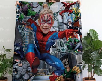 Personalized Spider Man Blanket, Custom Photo Name Superhero City Blanket, Birthday Gift, Boy Blanket, Girl Blanket, Christmas Gift for Kids