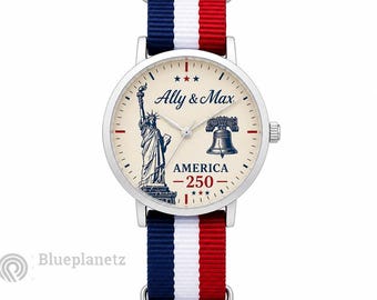 Personalized America 250 Watch, Custom Name Patriotic Watch, USA Flag Strap Wrist Watch, Liberty Bell Statue Watch, Couple Matching Watch