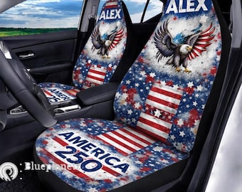 Funda para asiento de coche Custom America 250, funda para asiento de coche con nombre personalizado y águila patriótica, accesorios para coche del 4 de julio, 2 piezas.