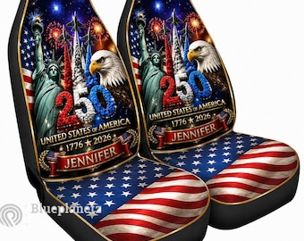 Funda de asiento para coche Custom America 250, funda de asiento personalizada con nombre, águila patriótica y fuegos artificiales, accesorios para coche del 4 de julio, 2 piezas.