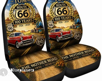 Custom Route 66 100 Years Car Seat Cover, Vintage Route 66 Gift, Mother Road 1926-2026 Seat Cover Set of 2, Road Trip Lover Gift