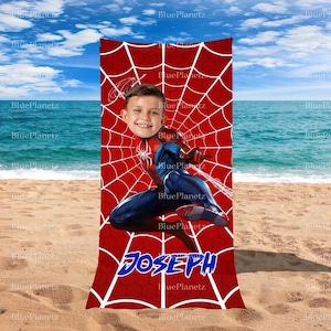 Personalized Red Spider Man Beach Towel, Custom Photo Name Superhero Beach Towel, Birthday Gift, Boy Girl Towel, Christmas Gift