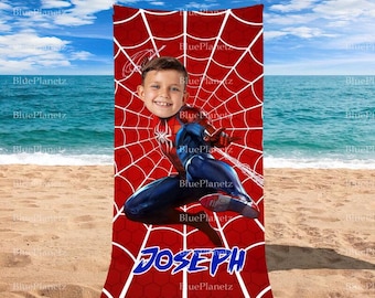Toalla de playa personalizada de Spider Man rojo, toalla de playa de superhéroe con nombre y foto personalizada, regalo de cumpleaños, toalla para niño y niña, regalo de Navidad
