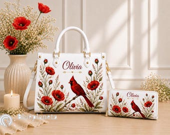 Personalized Floral Handbag / Wallet, Custom Name Poppy Cardinal Purse for Women, Mother's Day Gift, Red Wildflower Bag
