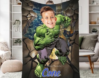 Custom Photo Name Hulk Blanket, Personalized Name Superhero Blanket,  Birthday Gift, Boy Blanket, Girl Blanket, Christmas Gift for Kids,