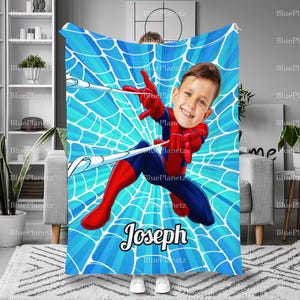 Gepersonaliseerde blauwe Spider Man deken, aangepaste foto naam superheld deken, kerstcadeau kinderen, verjaardagscadeau, jongensdeken, meisjesdeken
