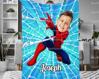 Personalisierte Blaue Spinnenmann-Decke, benutzerdefinierte Fotoname-Superheld-Decke, Kinderweihnachtsgeschenk, Geburtstagsgeschenk, Jungendecke, Mädchendecke