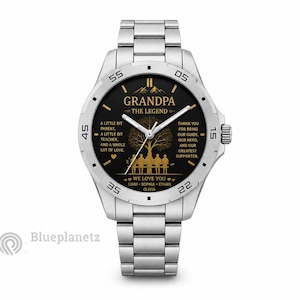May include: A silver-tone analog wristwatch with a black dial featuring gold-colored text that reads GRANDPA THE LEGEND, a tree graphic, and a quote about being a parent, teacher, and supporter. The names Liam, Sophia, Ethan, and Olivia are printed.
