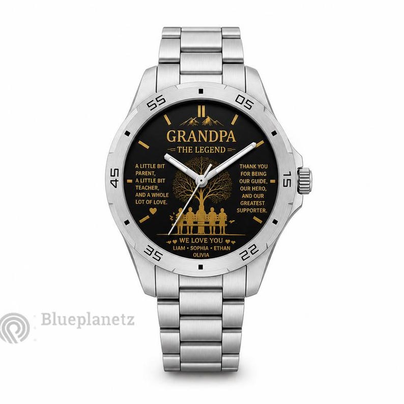 May include: A silver-tone analog wristwatch with a black dial featuring gold-colored text that reads GRANDPA THE LEGEND, a tree graphic, and a quote about being a parent, teacher, and supporter. The names Liam, Sophia, Ethan, and Olivia are printed.
