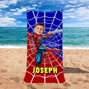 Personalized Red Blue Spider Man Beach Towel, Custom Photo Name Superhero Beach Towel, Birthday Gift, Boy Girl Towel, Christmas Gift
