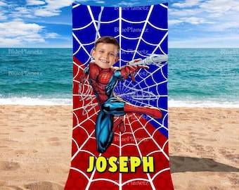 Personalized Red Blue Spider Man Beach Towel, Custom Photo Name Superhero Beach Towel, Birthday Gift, Boy Girl Towel, Christmas Gift