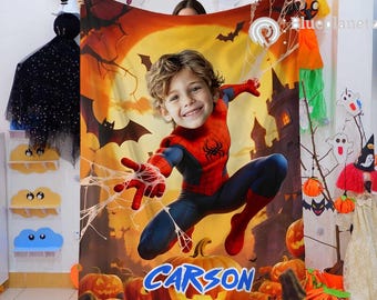 Personalized Halloween Spider Man Blanket, Custom Photo Name Superhero Bat Castle Blanket, Boy Girl Blanket, Gift for Kids