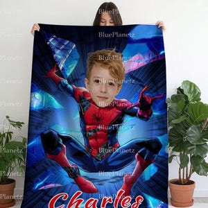 Personalisierte Blaue Spinnenmann-Decke, benutzerdefinierte Fotoname-Superheld-Decke, Geburtstagsgeschenk, Jungen-Decke, Mädchen-Decke, Weihnachtsgeschenk für Kinder