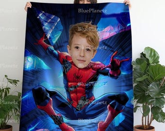 Personalisierte Blaue Spinnenmann-Decke, benutzerdefinierte Fotoname-Superheld-Decke, Geburtstagsgeschenk, Jungen-Decke, Mädchen-Decke, Weihnachtsgeschenk für Kinder