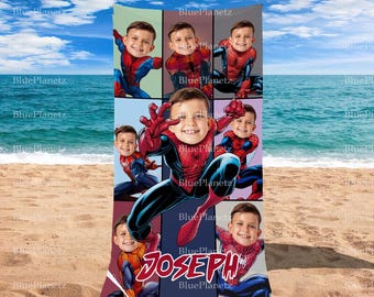 Toalla de playa personalizada con múltiples personajes de Spider Man, toalla de playa personalizada con foto y nombre de superhéroe, regalo de cumpleaños, toalla para niño y niña, regalo de Navidad