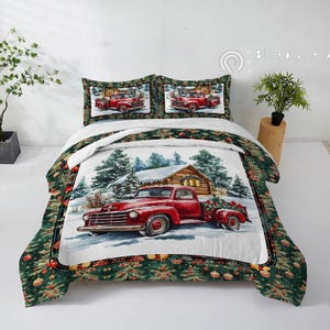 Personalized Christmas Bedding Set, Custom Christmas Tree Red Truck Bedding Set, Zippered Duvet Cover & 2 Pillowcases, Christmas Gift