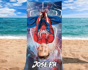 Toalla de playa personalizada con el Hombre Araña boca abajo, toalla de playa personalizada con foto y nombre de superhéroe, regalo de cumpleaños, toalla para niño y niña, regalo de Navidad