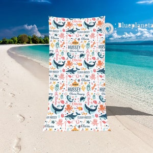 Custom Name Beach Towel, Personalized Ocean Animals Whale Octopus Beach Towel, Gift For Him, for Son, Grandson, Birthday Gift
