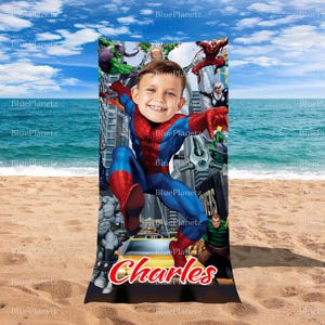 Personalized City Spider Man Beach Towel, Custom Photo Name Superhero Beach Towel, Birthday Gift, Boy Girl Towel, Christmas Gift