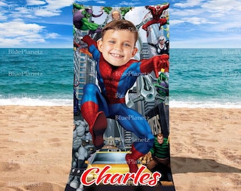 Toalla de playa personalizada de Spider Man City, toalla de playa de superhéroe con foto y nombre personalizado, regalo de cumpleaños, toalla para niño y niña, regalo de Navidad