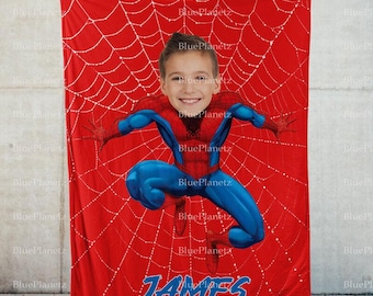Personalized Red Spider Man Blanket, Custom Photo Name Superhero Blanket, Christmas Grandson Gift, Girl Blanket, Gift for Kid, Birthday Gift