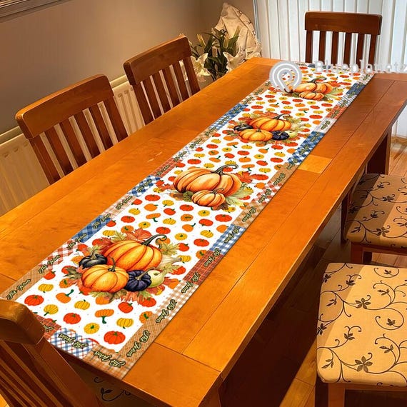 Thanksgiving-Tischläufer – 183 Cm Lang, Orange Mit Truthahn-Motiv | Leinen, Waschbar | Für Herbst-Partys