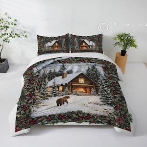 Personalized Christmas Bedding Set, Custom Christmas Holly Snow Cabin Bear Bedding Set, Zippered Duvet Cover & 2 Pillowcases, Christmas Gift
