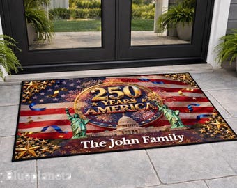 Custom America 250 ans paillasson, statue patriotique de la liberté, tapis de bienvenue nom de famille personnalisé, décoration 4 juillet