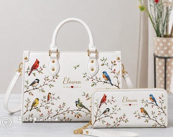Personalized Bird Handbag Wallet Set for Women, Custom Name Purse Set, Songbird Tote Bag, Cardinal Bluebird Gift for Her, Nature Lover Gift