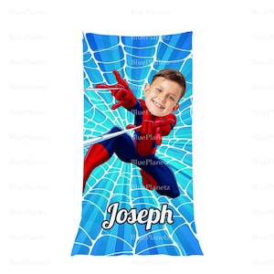 Personalized Blue Spider Man Beach Towel, Custom Photo Name Superhero Beach Towel, Birthday Gift, Boy Girl Towel, Christmas Gift