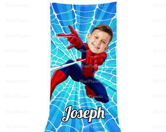 Personalized Blue Spider Man Beach Towel, Custom Photo Name Superhero Beach Towel, Birthday Gift, Boy Girl Towel, Christmas Gift