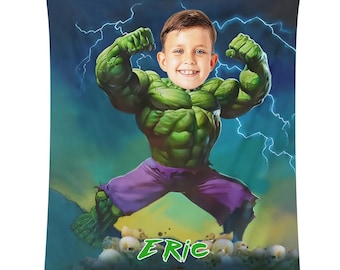 Personalized Hulk Blanket, Custom Photo Name Superhero Blanket,  Birthday Gift, Boy Blanket, Girl Blanket, Christmas Gift for Kids,
