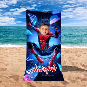Personalized Blue Spider Man Beach Towel, Custom Photo Name Superhero Beach Towel, Birthday Gift, Boy Girl Towel, Christmas Gift