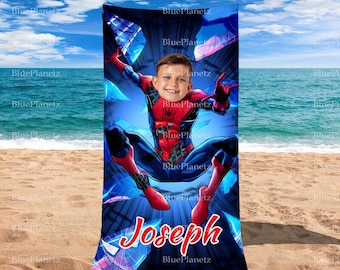 Toalla de playa personalizada de Spider Man azul, toalla de playa de superhéroe con nombre y foto personalizada, regalo de cumpleaños, toalla para niño y niña, regalo de Navidad