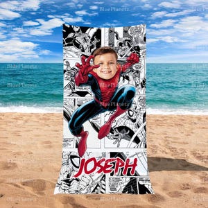 Personalized Black White Spider Man Beach Towel, Custom Photo Name Superhero Beach Towel, Birthday Gift, Boy Girl Towel, Christmas Gift