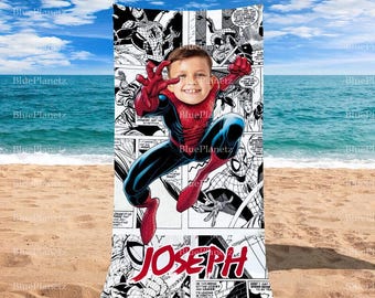 Personalized Black White Spider Man Beach Towel, Custom Photo Name Superhero Beach Towel, Birthday Gift, Boy Girl Towel, Christmas Gift
