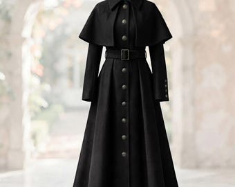 Victorian Black Wool Steampunk Coat, Gothic Inverness Frock Long Coats, Renaissance Costume