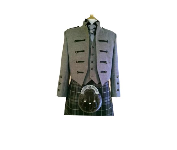 Handmade Men's Scottish Gray Kilts Jacket With Waistcoat Modern